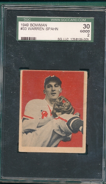 1949 Bowman #33 Warren Spahn SGC 30
