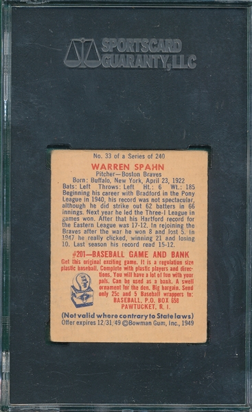 1949 Bowman #33 Warren Spahn SGC 30