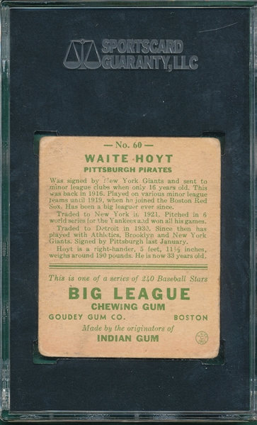 1933 Goudey #60 Waite Hoyt SGC 30