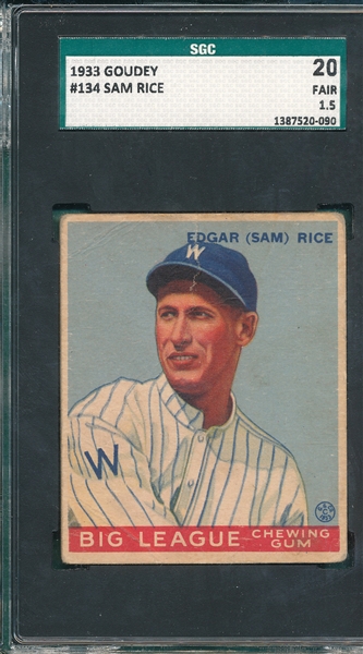 1933 Goudey #134 Sam Rice SGC 20