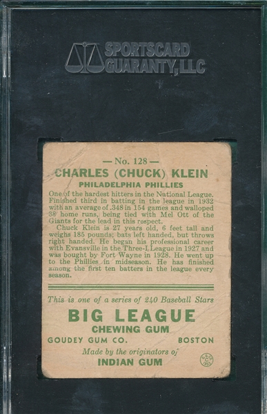1933 Goudey #128 Chuck Klein SGC 10