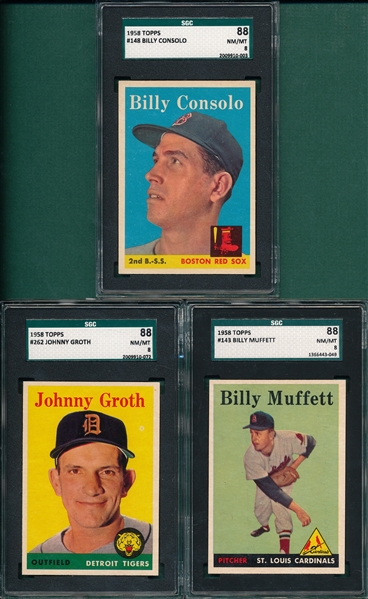 1958 Topps #143 Muffett, #148 Consolo & #262 Groth, Lot of (3) SGC 88