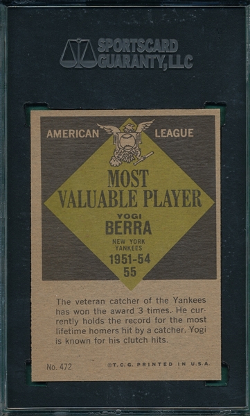 1961 Topps #472 Yogi Berra, MVP, SGC 88