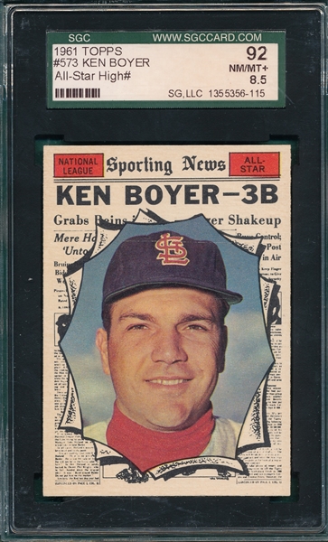 1961 Topps #573 Ken Boyer, AS, SGC 92 *Hi #* 