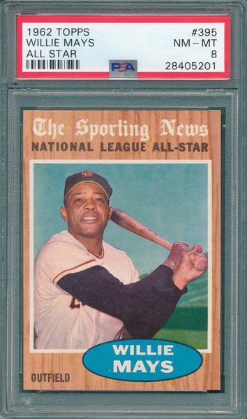 1962 Topps #395 Willie Mays, AS, PSA 8 