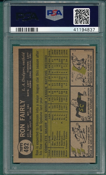 1961 Topps #492 Ron Fairly, Bottom of B/B Green, PSA 7
