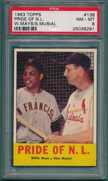 1963 Topps #138 Pride of NL, W/ Musial & Mays, PSA 8