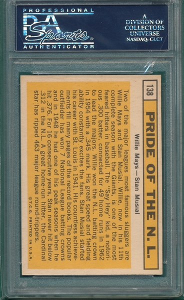 1963 Topps #138 Pride of NL, W/ Musial & Mays, PSA 8