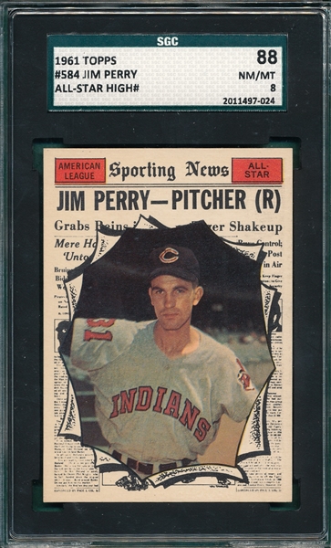 1961 Topps #584 Jim Perry, AS, SGC 88 *Hi #* 