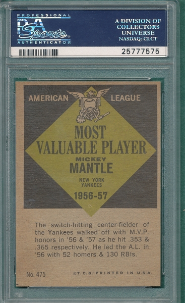 1961 Topps #475 Mickey Mantle, MVP, PSA 7