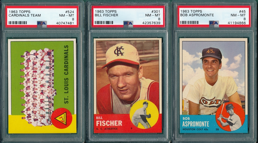 1963 Topps #45 Aspromonte, #301 Fischer & #524 Cardinals, Lot of (3) PSA 8