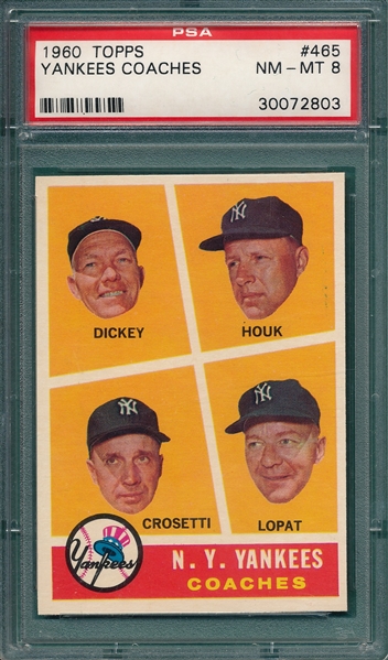 1960 Topps #465 Yankees Coaches W/ Dickey, PSA 8