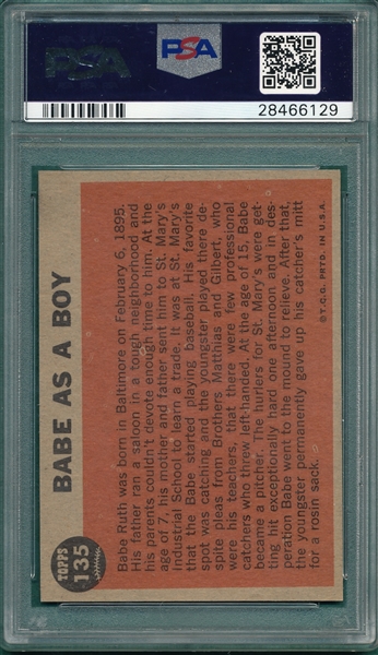1962 Topps #135 Babe Ruth Special, Babe As A Boy, PSA 8 *Green Tint*