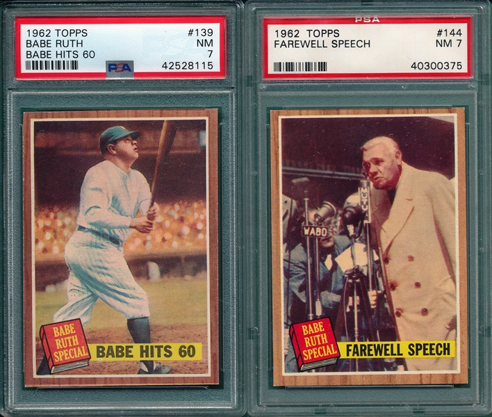 1962 Topps #139 & #144 Babe Ruth Special, Babe Hits 60, Lot of (2), PSA 7