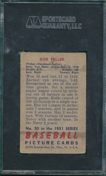 1951 Bowman #30 Bob Feller SGC 40