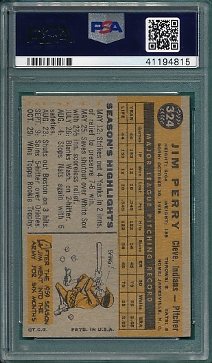 1960 Topps #324 Jim Perry PSA 8 *Rookie*