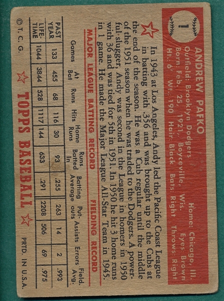 1952 Topps #1 Andy Pafko, Red Back