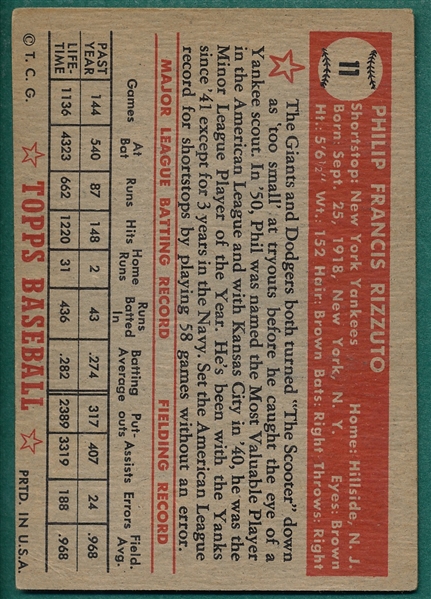 1952 Topps #11 Phil Rizzuto, Red Back