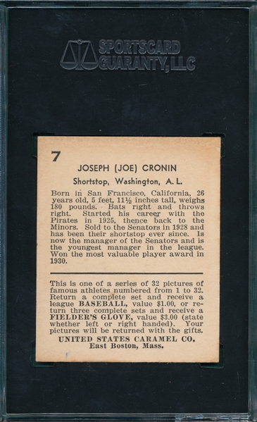 1932 U. S. Caramel #7 Joe Cronin SGC 82