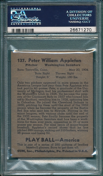 1939 Play Ball #137 Pete Appleton PSA 7