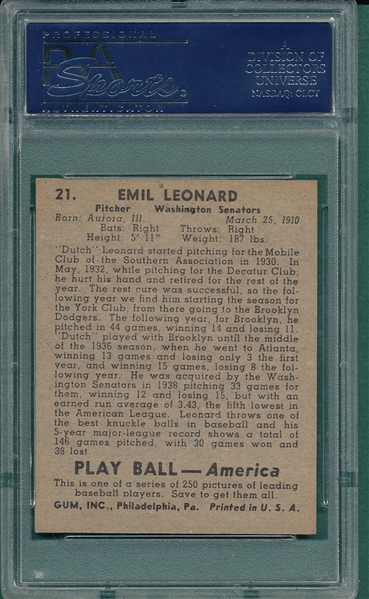 1939 Play Ball #21 Dutch Leonard PSA 8.5