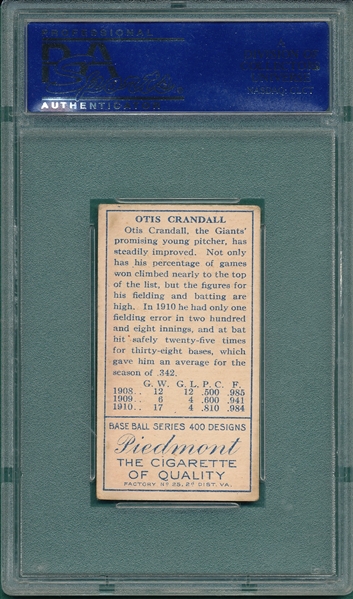 1911 T205 Crandall, t Crossed, Piedmont Cigarettes PSA 4