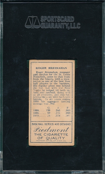 1911 T205 Bresnahan, Mouth Closed, Piedmont Cigarettes SGC 50