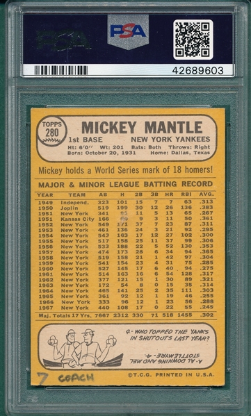 1968 Topps #280 Mickey Mantle PSA 6 (MK)