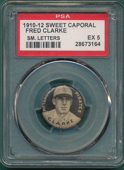 1910-12 P2 Pin Fred Clarke, Sm Letters, Sweet Caporal Cigarettes PSA 5