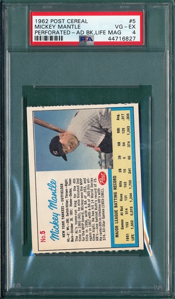 1962 Post Cereal Mickey Mantle, Life Magazine Ad, PSA 4