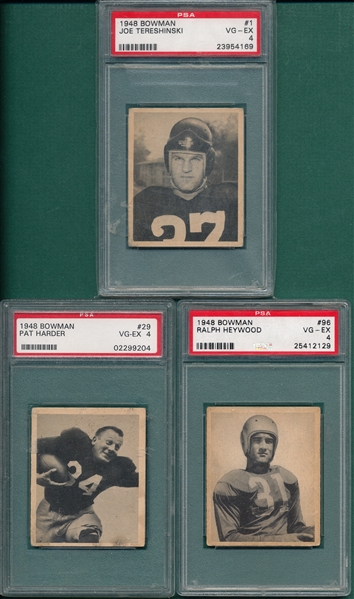 1948 Bowman FB #1 Tereshinski, #29 Harder & #96 Heywood, Lot of (3) PSA 4