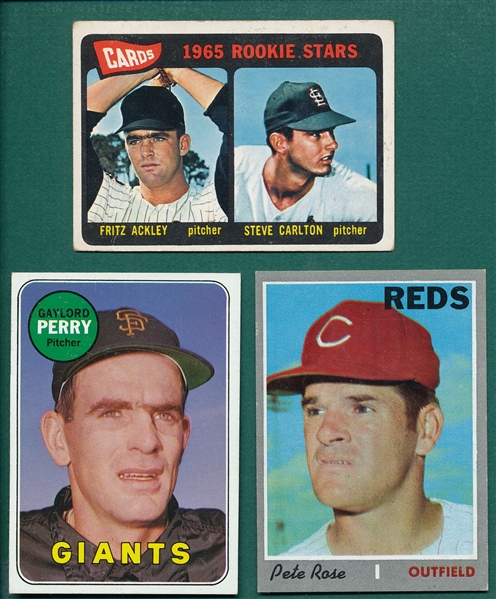 1965-70 Topps, Lot of (3) W/ Pete Rose, G. Perry and Carlton, Rookie