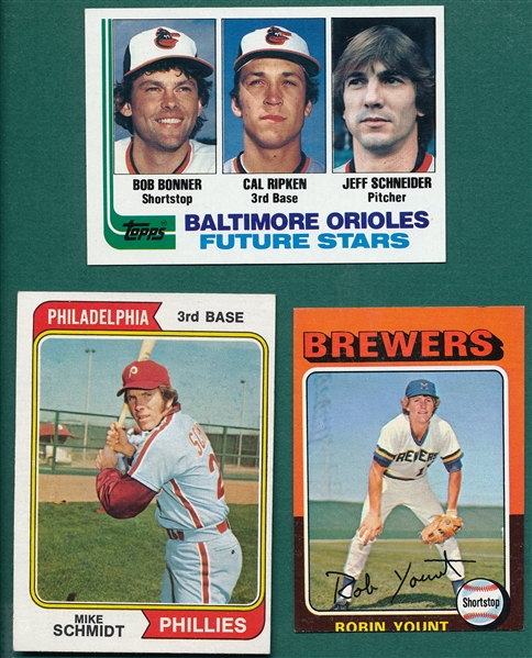 1974-82 Topps Lot of (3) W/ Schmidt, Yount, Rookie and Ripken, Rookie