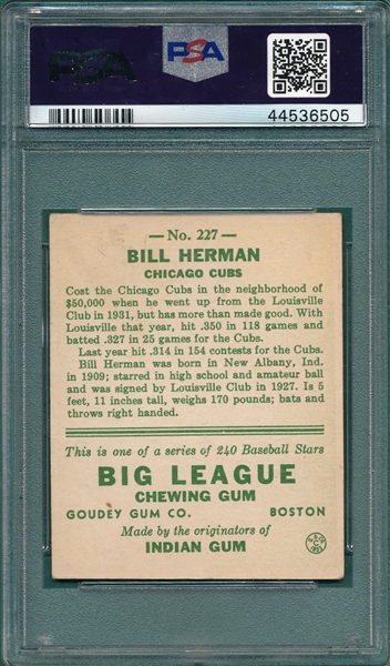 1933 Goudey #227 Billy Herman PSA 2 *Presents Better*