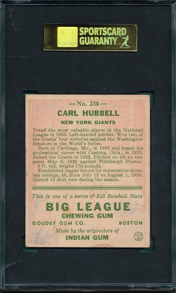 1933 Goudey #234 Carl Hubbell SGC 60