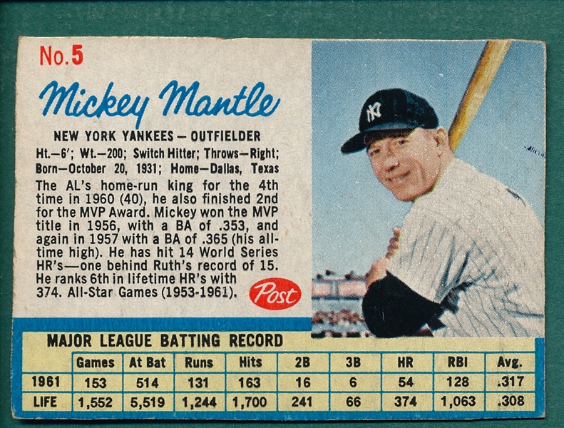 1962 Post Cereal #5 Mickey Mantle