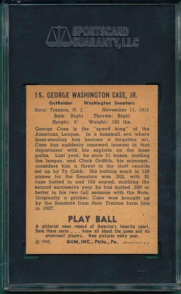 1940 Play Ball #15 George Case SGC 60