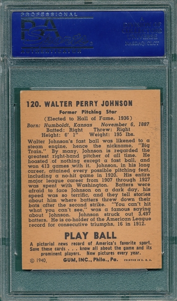 1940 Play Ball #120 Walter Johnson PSA 7