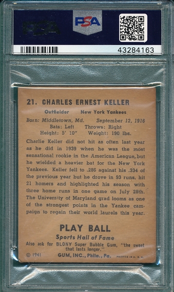 1941 Play Ball #21 Charlie Keller PSA 4