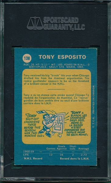 1969 O-Pee-Chee #138 Tony Esposito SGC 84 *Rookie*