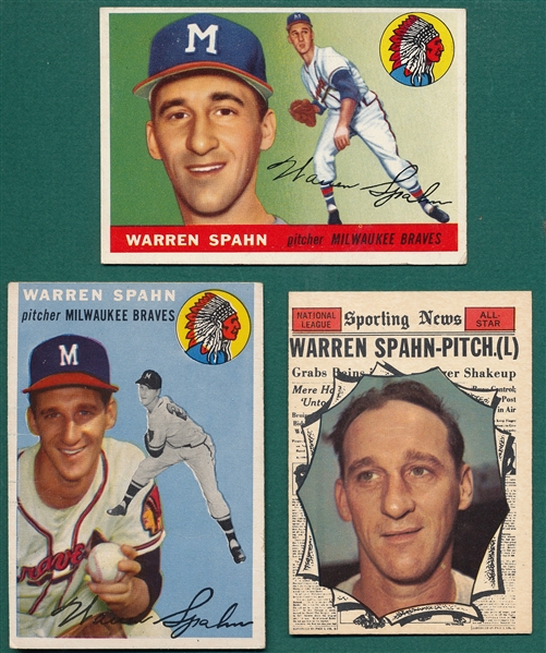1954-61 Topps Warren Spahn, Lot of (3)
