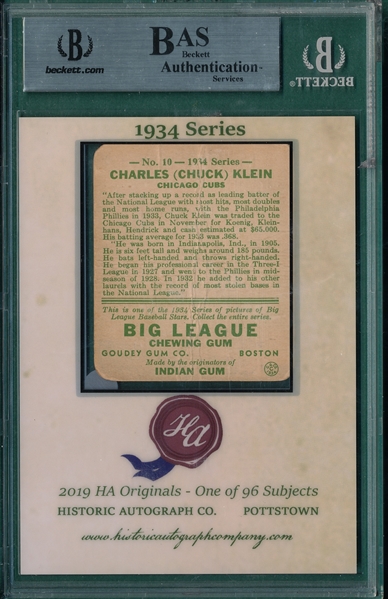 2019 Historic Autographs, 1934 Goudey, #10 Chuck Klein, 3/6, Beckett Authentic
