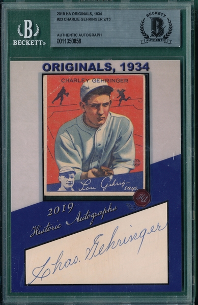 2019 Historic Autographs, 1934 Goudey, #23 Charley Gehringer, 2/13, Beckett Authentic