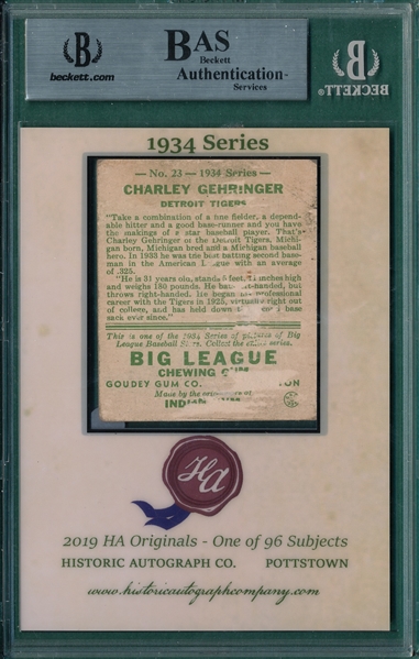 2019 Historic Autographs, 1934 Goudey, #23 Charley Gehringer, 2/13, Beckett Authentic