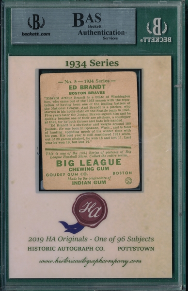 2019 Historic Autographs, 1934 Goudey, #5 Ed Brandt, 2/18, Beckett Authentic