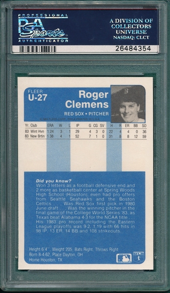 1984 Fleer Update #U-27 Roger Clemens PSA 9
