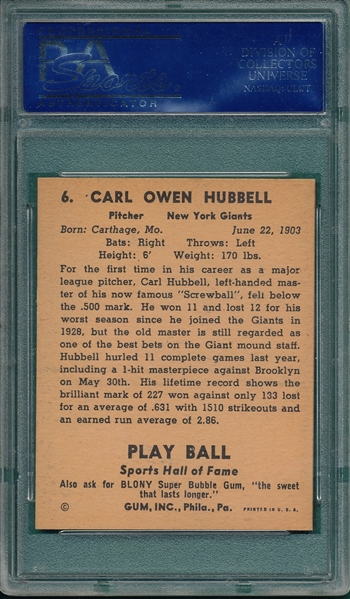 1941 Play Ball #6 Carl Hubbell PSA 6