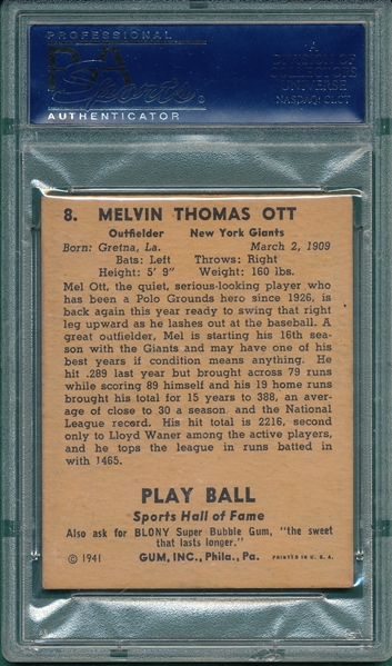 1941 Play Ball #8 Mel Ott PSA 6.5