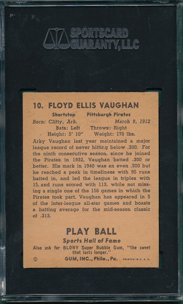 1941 Play Ball #10 Arky Vaughan SGC 80