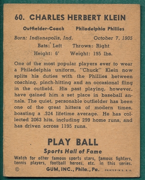 1941 Play Ball #60 Chuck Klein